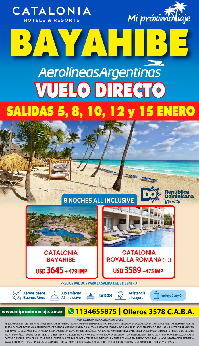 BAYAHIBE con HOTELES CATALONIA - SALIDAS ENERO 2027 - ✈️ VUELO DIRECTO con Aerolineas Argentinas !